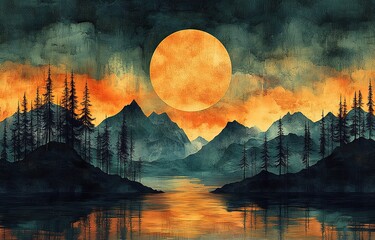 Fototapeta premium Serene Mountain Lake Sunset with a Large Orange Moon