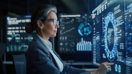 Professional businesswoman analyzing data on a futuristic digital interface, working with advanced technology in a modern office.