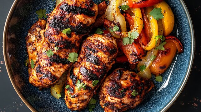 Blue rimmed plate filled with fajita chargrilled cajun chicken sauteed peppers and onions