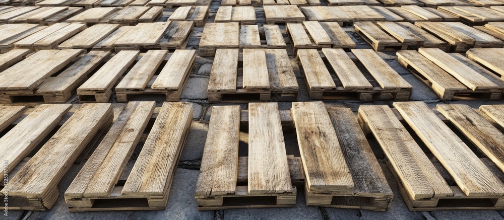 Poster aerial view of stacked wooden pallets in a warehouse setting with natural wood tones and empty space