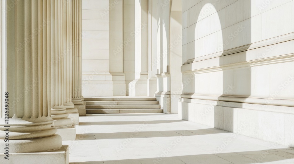 Poster architectural details of inner ministry building featuring classical columns and arches with soft sh