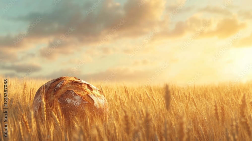 Aufkleber artisan bread loaf resting in golden wheat field at sunset with soft clouds and empty text space for
