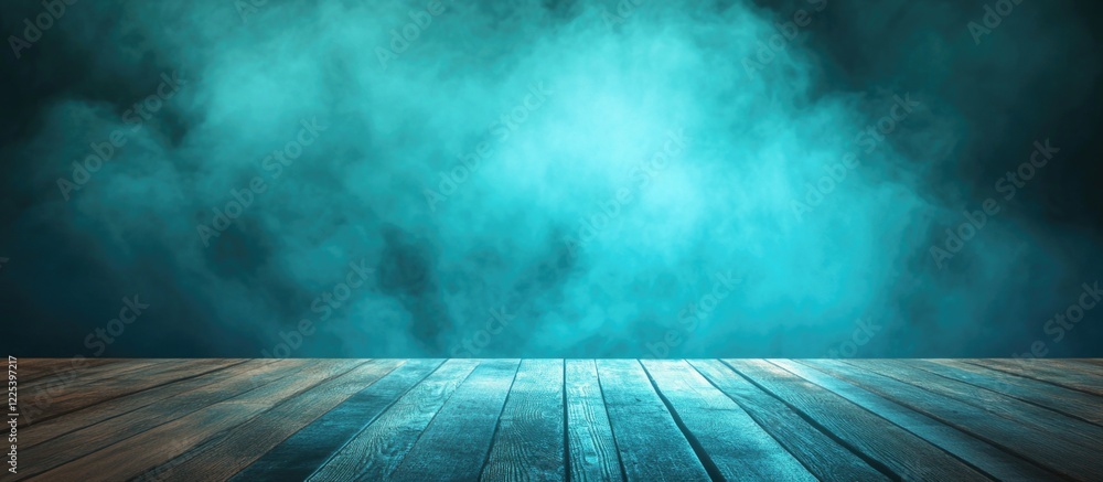 Poster aquamarine abstract light background with wooden floor and empty copy space for text in a tranquil a