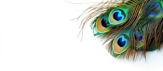 Obraz premium Vibrant multicolored peacock feathers with rich green and blue hues against a clean white background ideal for text placement and design projects