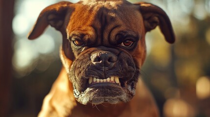 Obraz premium intense boxer dog displaying aggression with a fierce expression under natural sunlight in a park setting