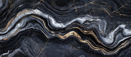 Elegant Black and Grey Marble Wave Texture Background with Subtle Gold Accents Ideal for Luxury Brand Promotions and Copy Space