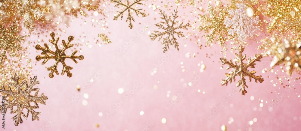 Poster abstract background featuring shimmering golden glitter and delicate snowflakes on a soft pink backd