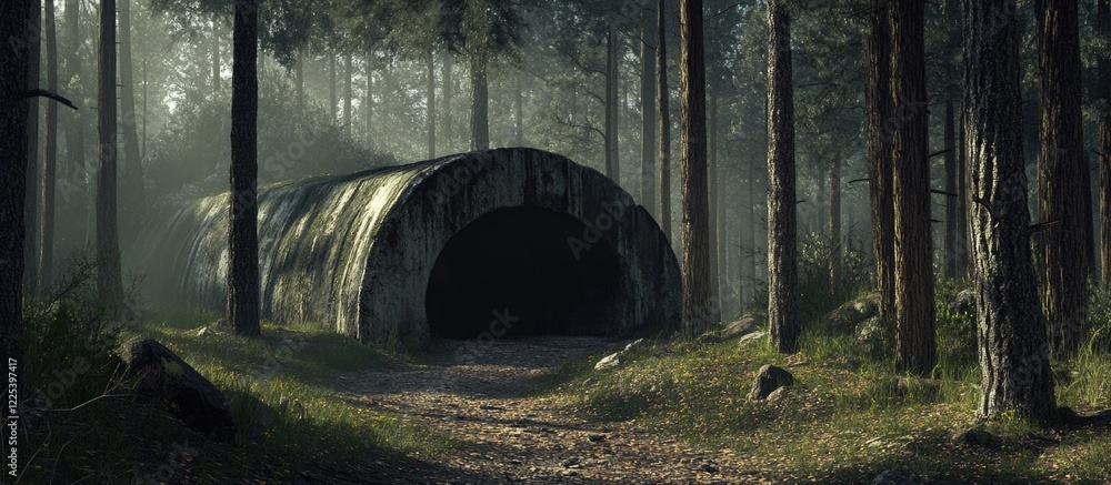 Poster mature wartime bunker structure in a lush green forest with sun-dappled path and shadows, inviting e