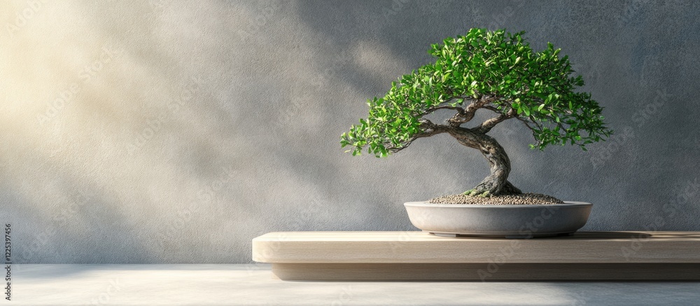 Poster bonsai tree on a light gray background with natural wooden table creating serene ambiance with ample