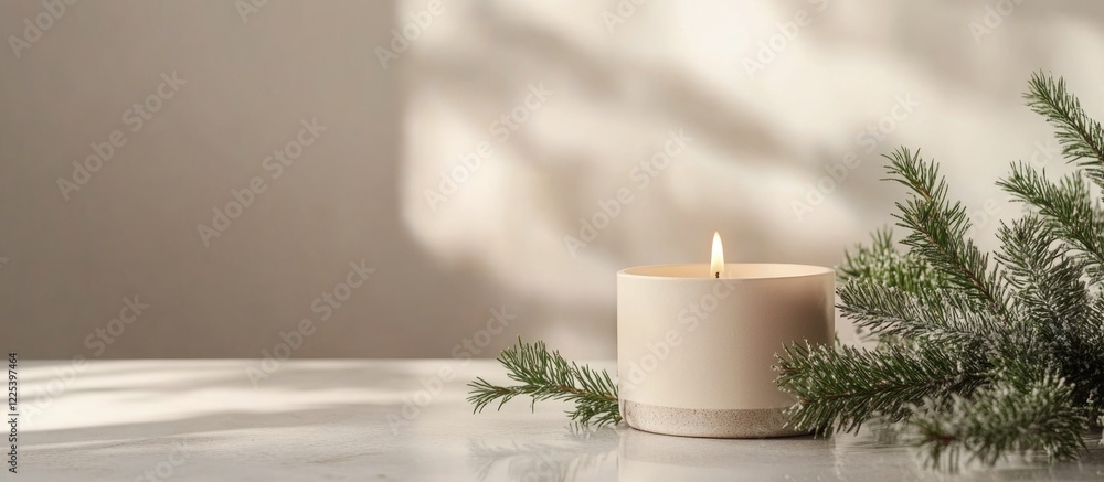 Poster festive candle surrounded by cedar branches on light surface with soft shadows and empty space for t