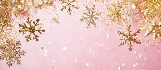 Obraz premium Abstract background featuring shimmering golden glitter and delicate snowflakes on a soft pink backdrop with ample empty space for text.