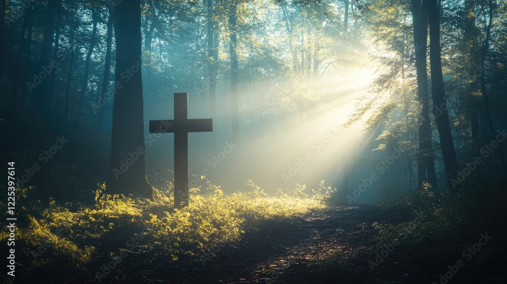 Poster silhouette of christian cross in serene forest with soft sunlight and misty atmosphere creating tran