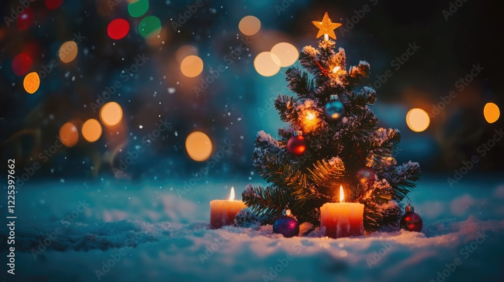 Poster festively decorated christmas tree with colorful baubles and glowing candles surrounded by snow on a