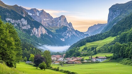 Mountain Village Nestled In A Verdant Valley At Sunrise