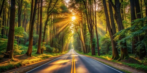 Sunlit Forest Road at Dawn A Serene Asphalt Path Through Lush Greenery