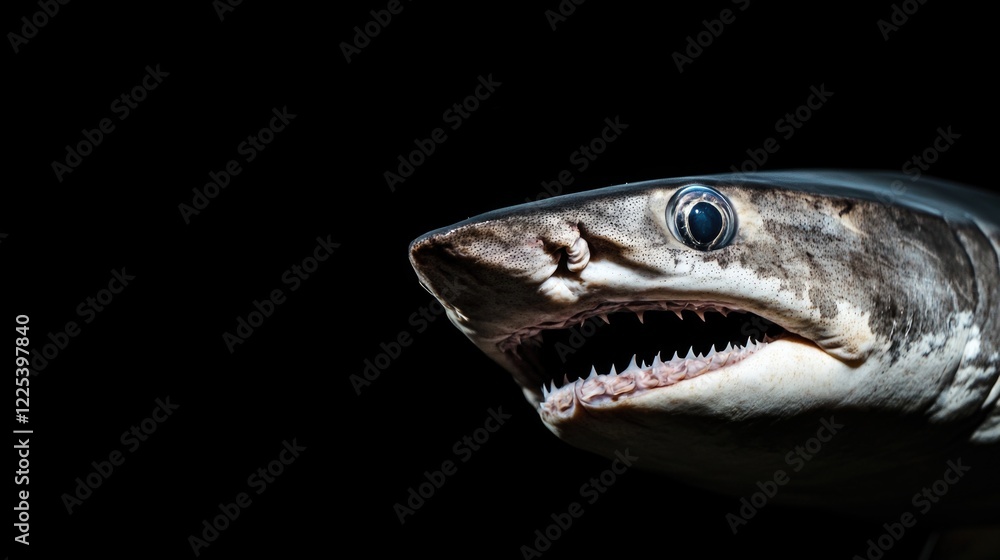 Poster close-up of shark head with open mouth in deep black background highlighting teeth and eye for text 