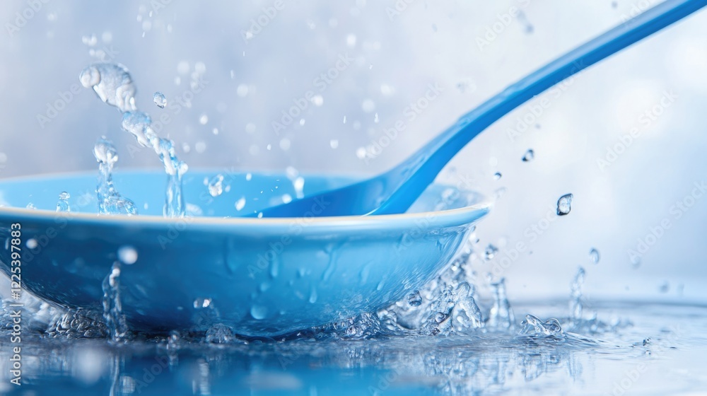 Poster close-up of vibrant blue spoon and dish amidst dynamic water splash on reflective surface with soft 