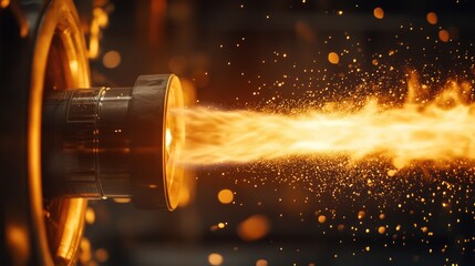Close up of intense orange flames and glowing particles in rocket firing chamber during launch test with dark background and empty space for text