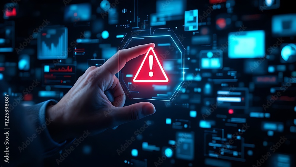 Poster warning alert icon with a hacked system. malicious software, virus, spyware, malware, or cyberattack
