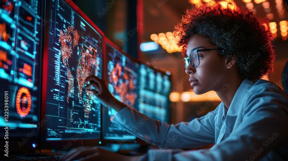 Poster young programmer analyzing data and digital information on multiple screens in futuristic tech works