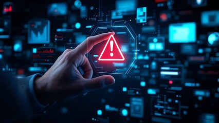 Warning alert icon with a hacked system. malicious software, virus, spyware, malware, or cyberattacks on computer networks. Security on the internet and online scam. Digital data is being compromised.