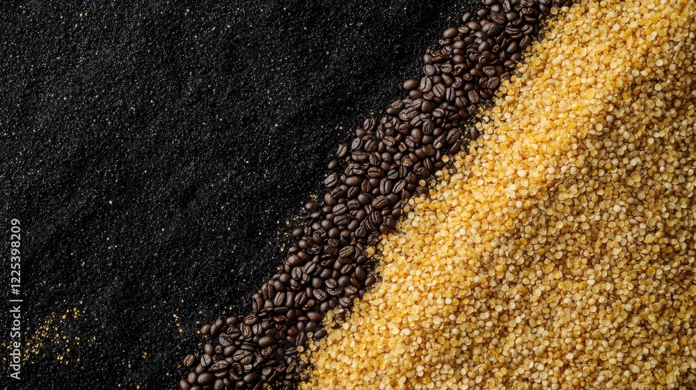 Poster close-up of aromatic yellow and brown coffee grounds on black background ideal for banner design fea