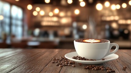 Fototapeta premium steaming coffee cup on wooden table with scattered coffee beans surrounded by warm blurred bokeh lights in modern coffee shop setting