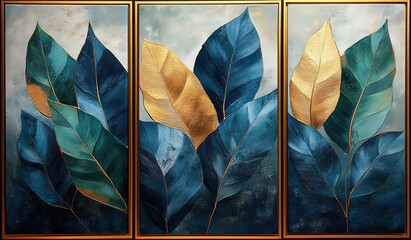 Modern Abstract Leaf Art Trio in Deep Teal and Gold