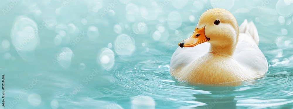 Poster close-up of a yellow duck swimming in a serene aquatic environment with soft bokeh effects on a tran