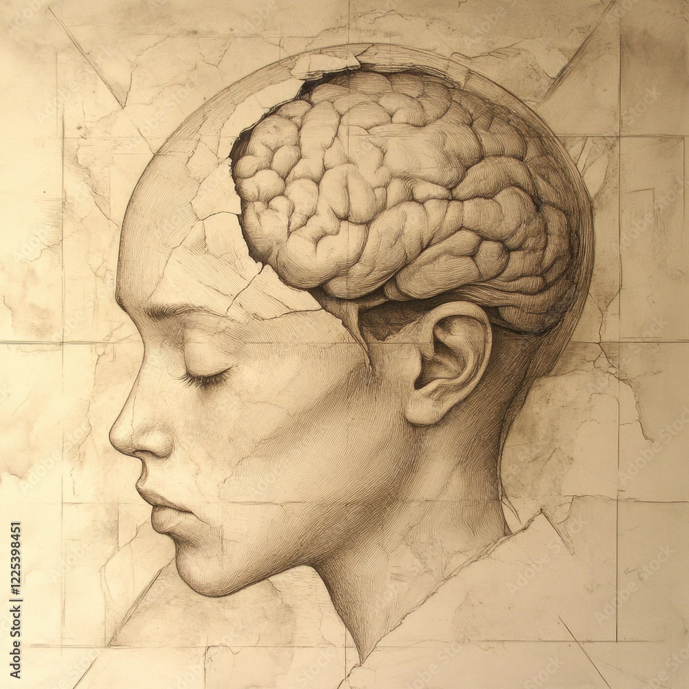Poster intricate artistic representation of human brain and profile with cracked surface in muted tones. ge