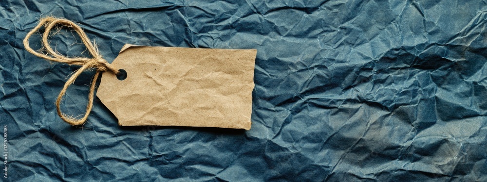 Poster eco-friendly gift wrapping featuring a crumpled blue background with a rustic recycled paper tag dis