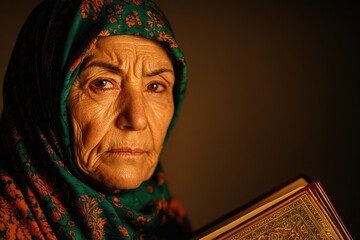blurry close-up of elderly woman in vibrant headscarf holding quran her face illuminated by soft light in peaceful