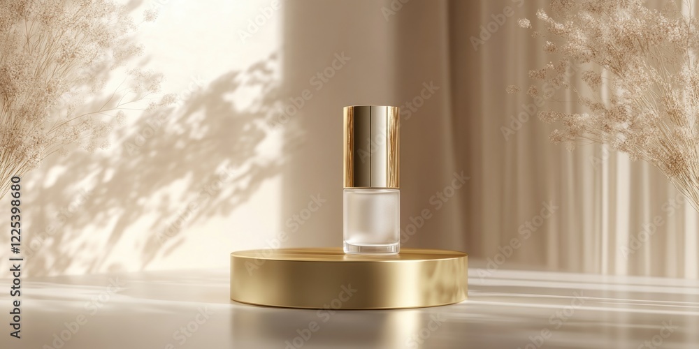 Poster minimalist elegant product display on a polished gold pedestal with soft natural light creating shad