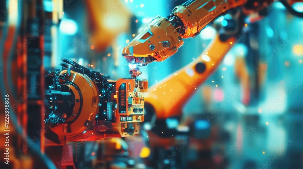 Poster industrial automation and robotics in intelligent factory setting with orange robotic arms engaged i