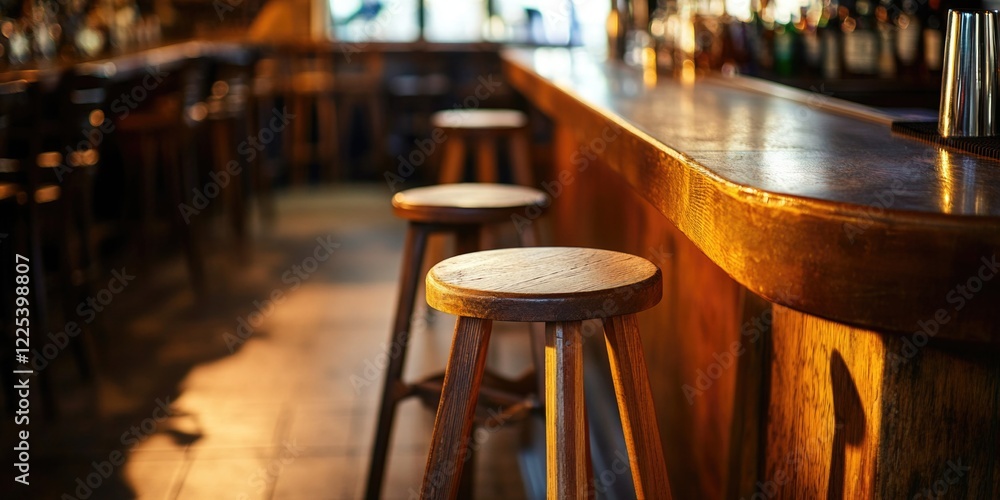 Poster brightly lit wooden bar counter with rustic empty stools and warm lighting creating a cozy atmospher