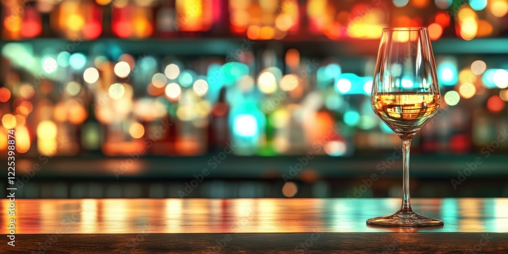 Poster elegant empty wine glass on polished wooden bar table with colorful bokeh lights in background creat