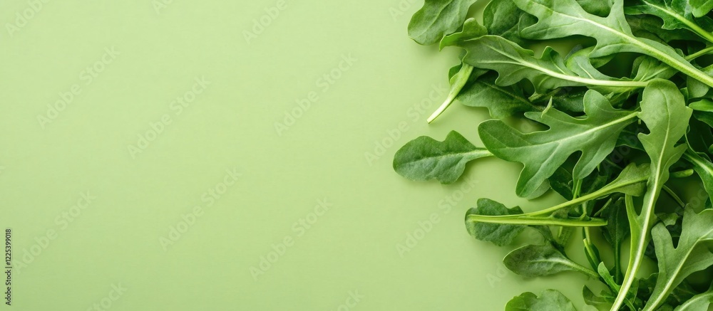 Aufkleber fresh organic arugula leaves on vibrant green background with ample empty space for text and brandin