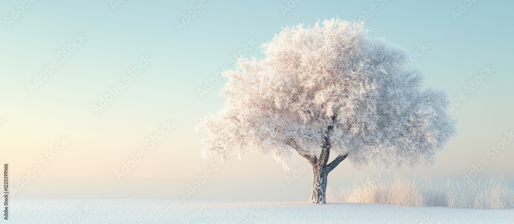 Poster frosted snow-covered tree standing solitary in a serene winter forest landscape with pastel-colored 