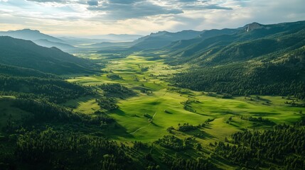 Naklejka premium The green valley unfolds with rolling hills and vibrant foliage, a perfect haven for exploration and discovery.