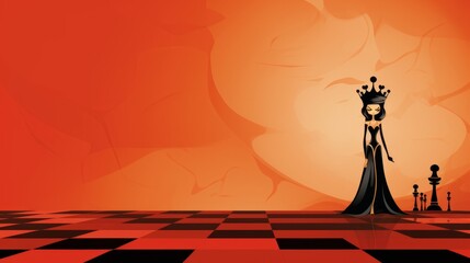 Chess queen with crown protecting her king in a chess game strategy on plain background with copyspace for text