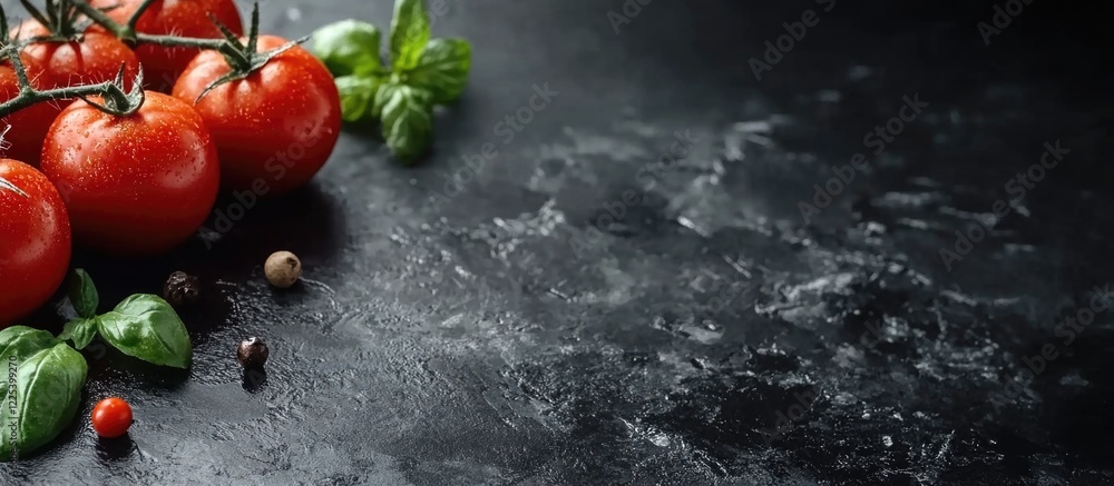 Aufkleber ripe red tomatoes with fresh green basil leaves on dark rustic table with empty space for text ideal