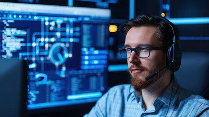 Cybersecurity engineer monitoring data on multiple screens and analyzing system security on multiple screens in a high-tech office. in High-Tech Office