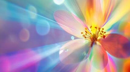 A prism’s scattered light bursts into the vibrant form of a flower in bloom, radiating symbolism of growth and energy, with a soft, airy background for added text or design.