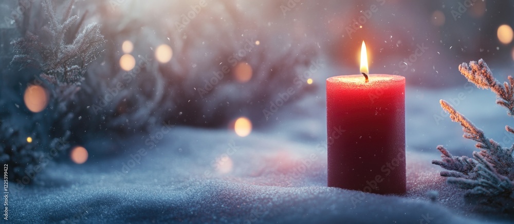 Poster red candle emitting warm light surrounded by white snow and evergreen branches creating a soft winte