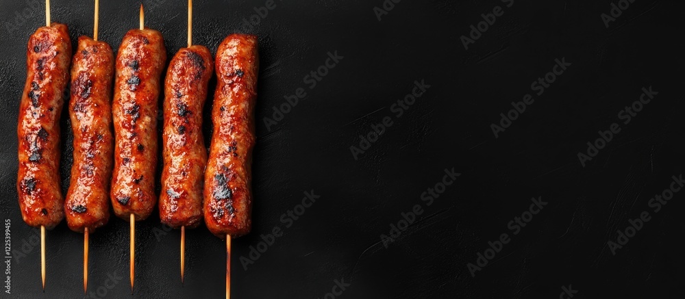 Poster grilled spicy sausages on wooden skewers arranged on black background with empty space for text and 