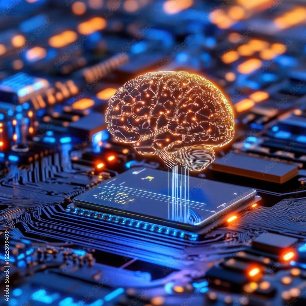 Poster futuristic digital brain graphic on a microchip circuit board, highlighting the intersection of tech