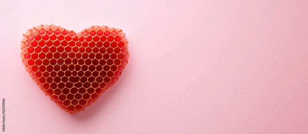 Poster heart shaped red honeycomb on soft pink background with minimalist design featuring empty copy space