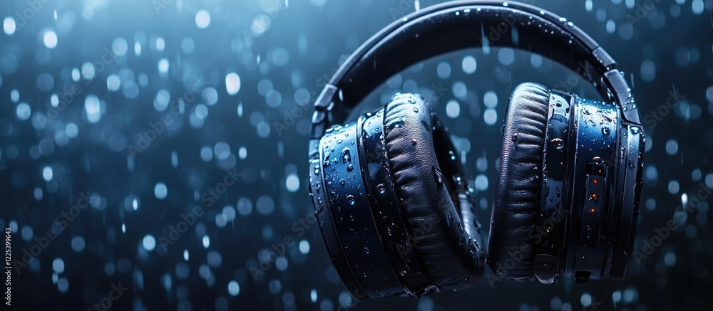 Poster blue headphones with water drops on dark bokeh background and empty copy space for text use in music
