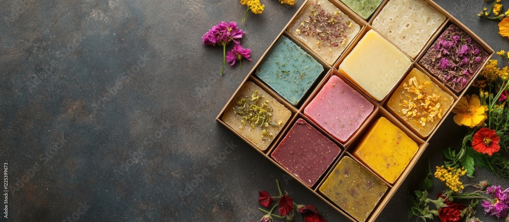 Poster colorful herbal flower soap bars in decorative box with empty copy space for text displayed on dark 