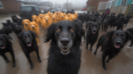 Happy Black Dog Leading Pack of Golden Retrievers Outdoors Rainy Day Fun wet pet dogs cute puppy group crowd  